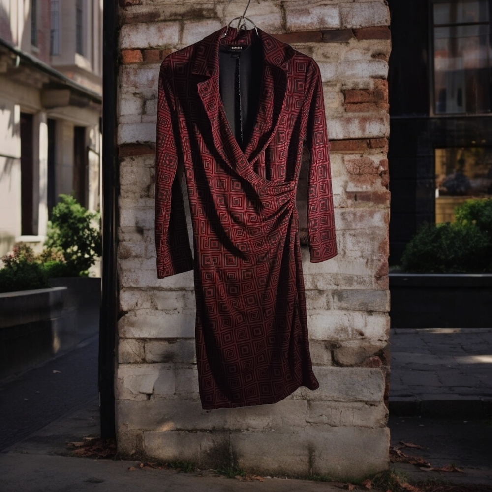 Elegant Burgundy Geometric Wrap Dress